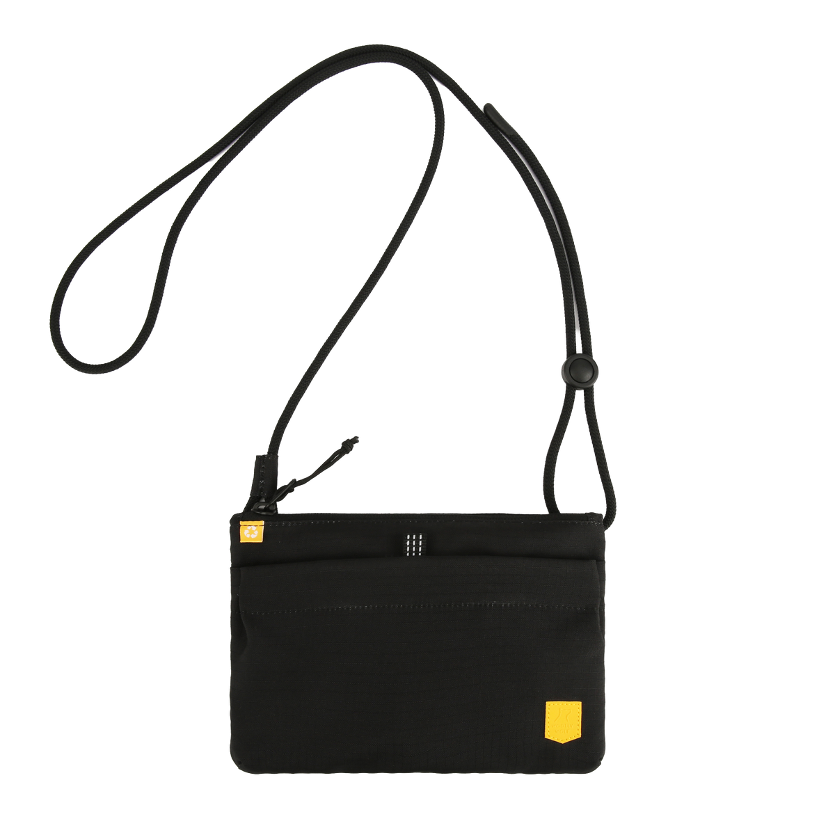 Black crossbody bag with a thin adjustable strap and a small yellow logo tab.