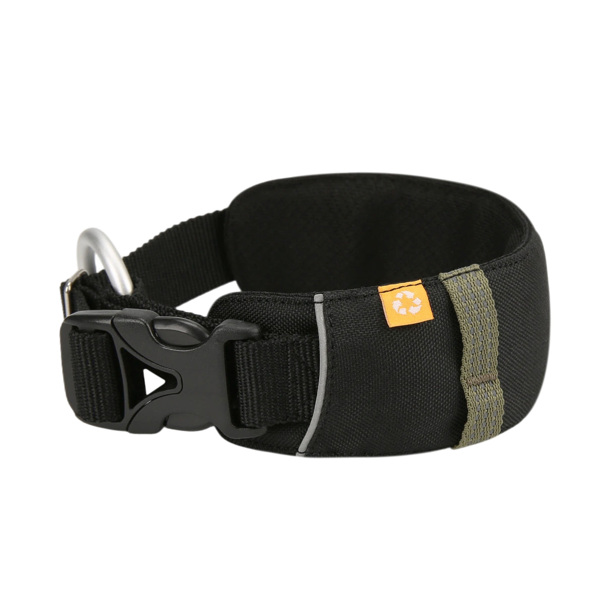 Black dog collar with a plastic buckle, metal D-ring, and a small recycling icon tag.