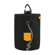 Black drawstring treat pouch with a Woolly Wolf patch and a carabiner clip.