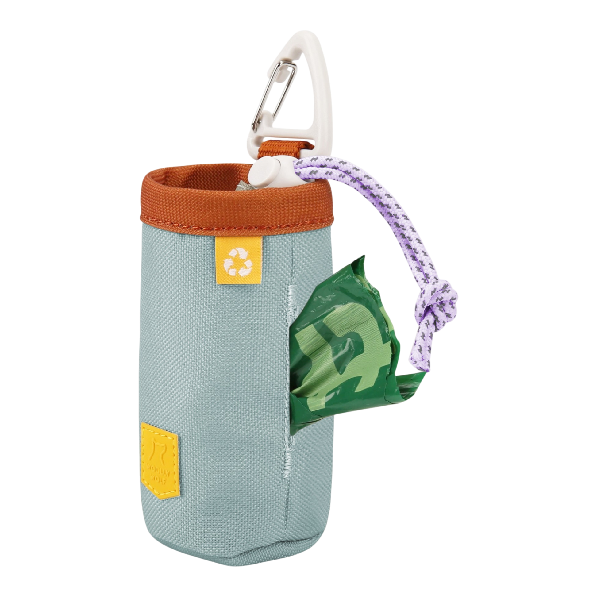 Light blue fabric dog waste bag holder with a carabiner and a green bag visible through a side opening.