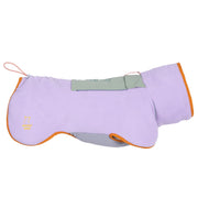 Lilac dog coat with orange trim, a green strap, and a small yellow logo on the lower left side.