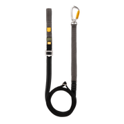 Adjustable climbing lanyard with a locking carabiner and a coiled webbing tail.