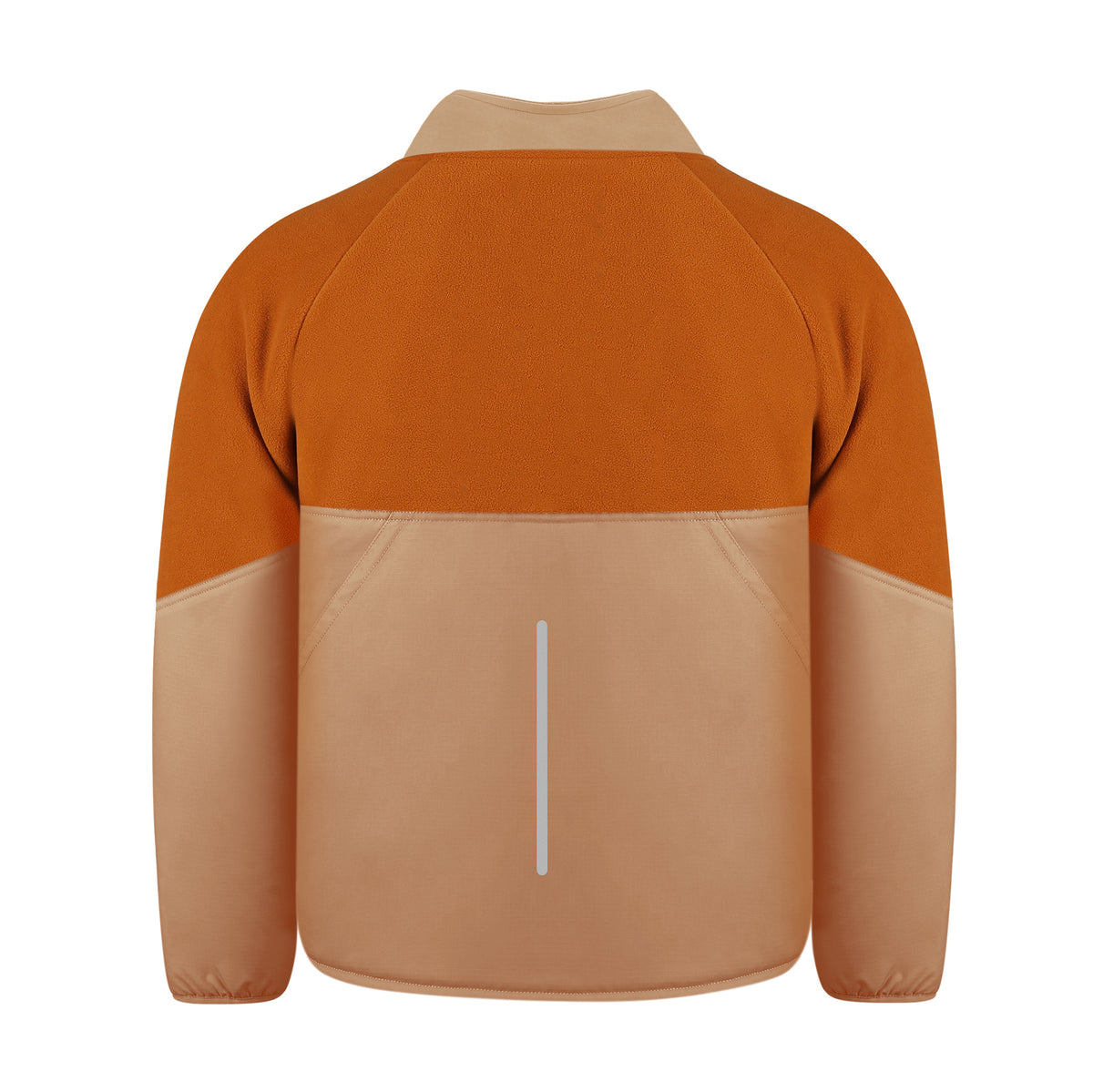 Tan and rust-colored jacket, long sleeves, with a vertical reflective stripe on the back.