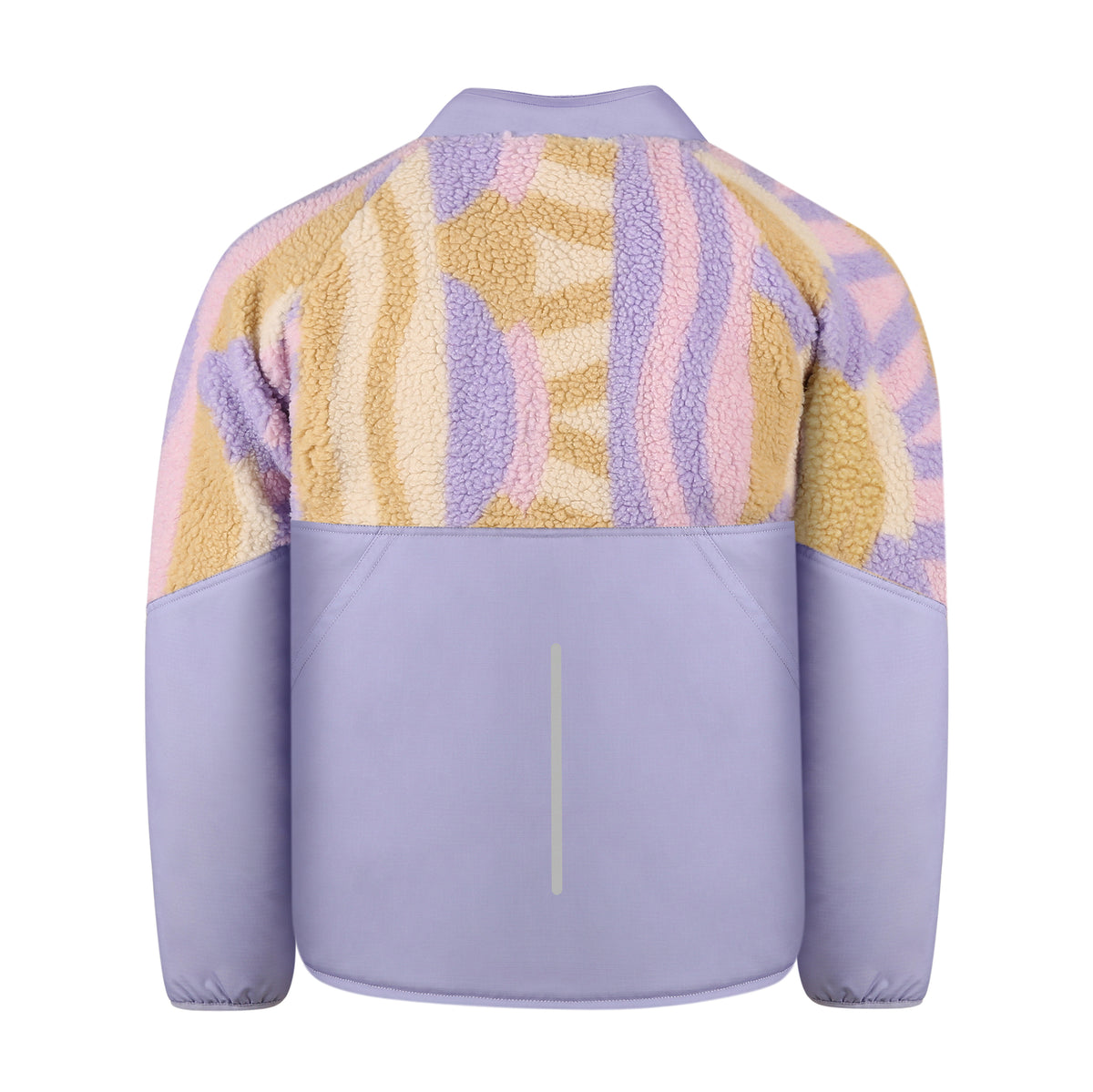 Back view of a pastel fleece jacket with lavender, yellow, and pink patterns and smooth lavender sleeves.