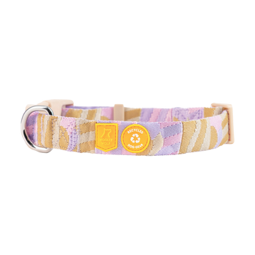 A pink, tan, and lavender striped dog collar with metal ring and yellow Recycled Dog Gear tag.