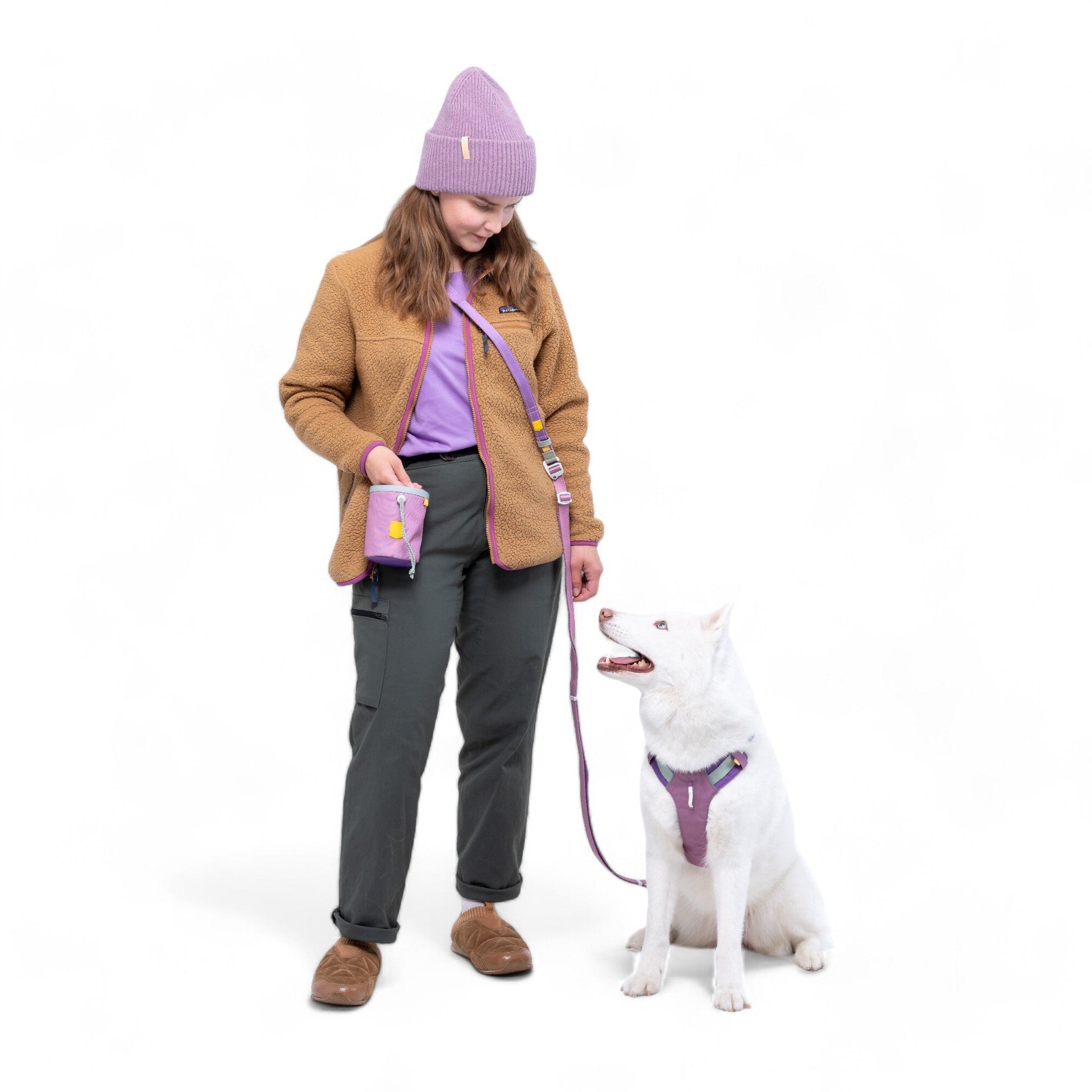 A woman in a tan jacket, purple shirt, and beanie holds a purple leash attached to a white dog wearing the Alpha 360 Dog Harness in Mauve Mix. They look at each other against a plain white background.