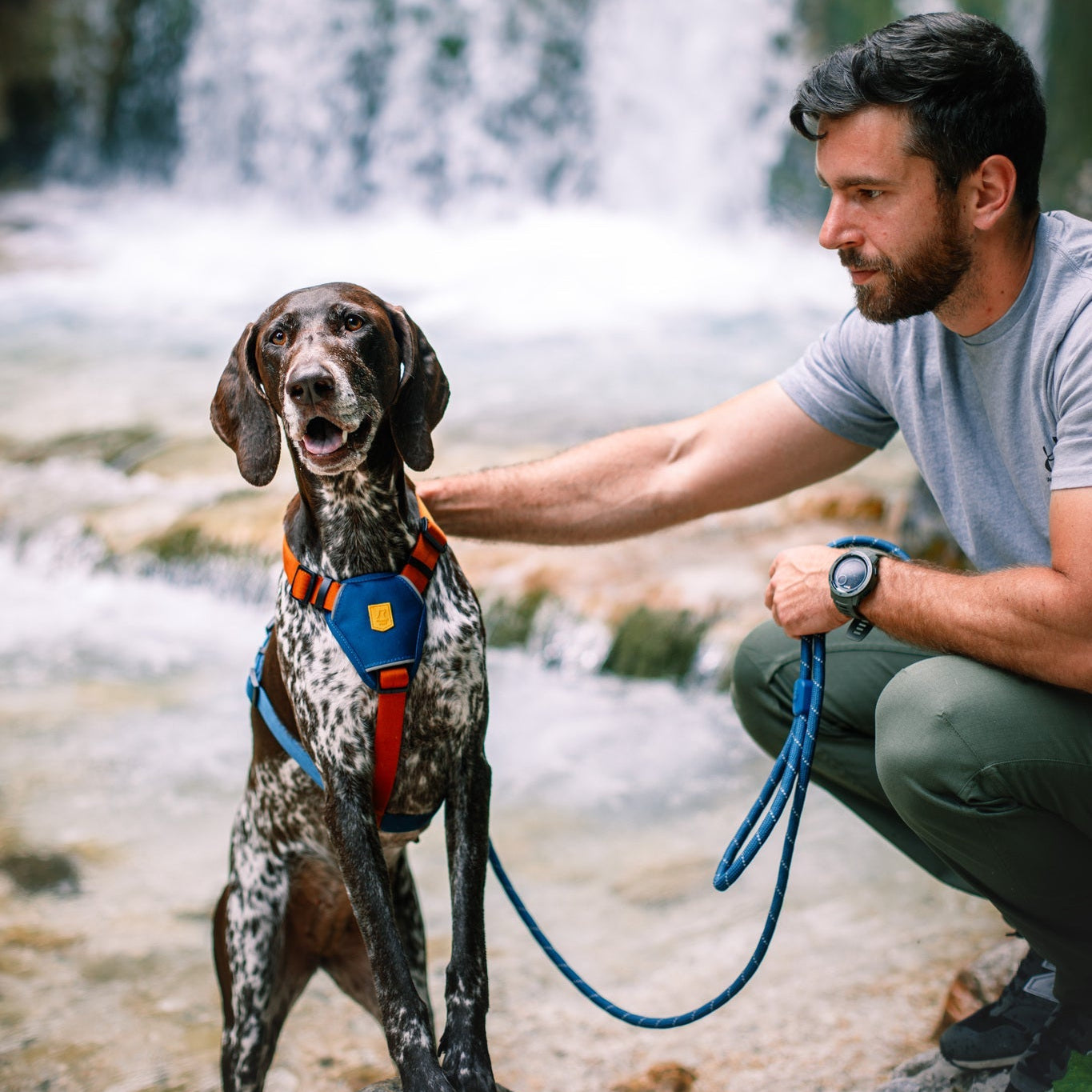 A man kneels next to a spotted dog wearing the Color Block Dog Harness Lime Mix and leash by a waterfall. He gently holds the dog as they enjoy time outdoors near water and rocks.